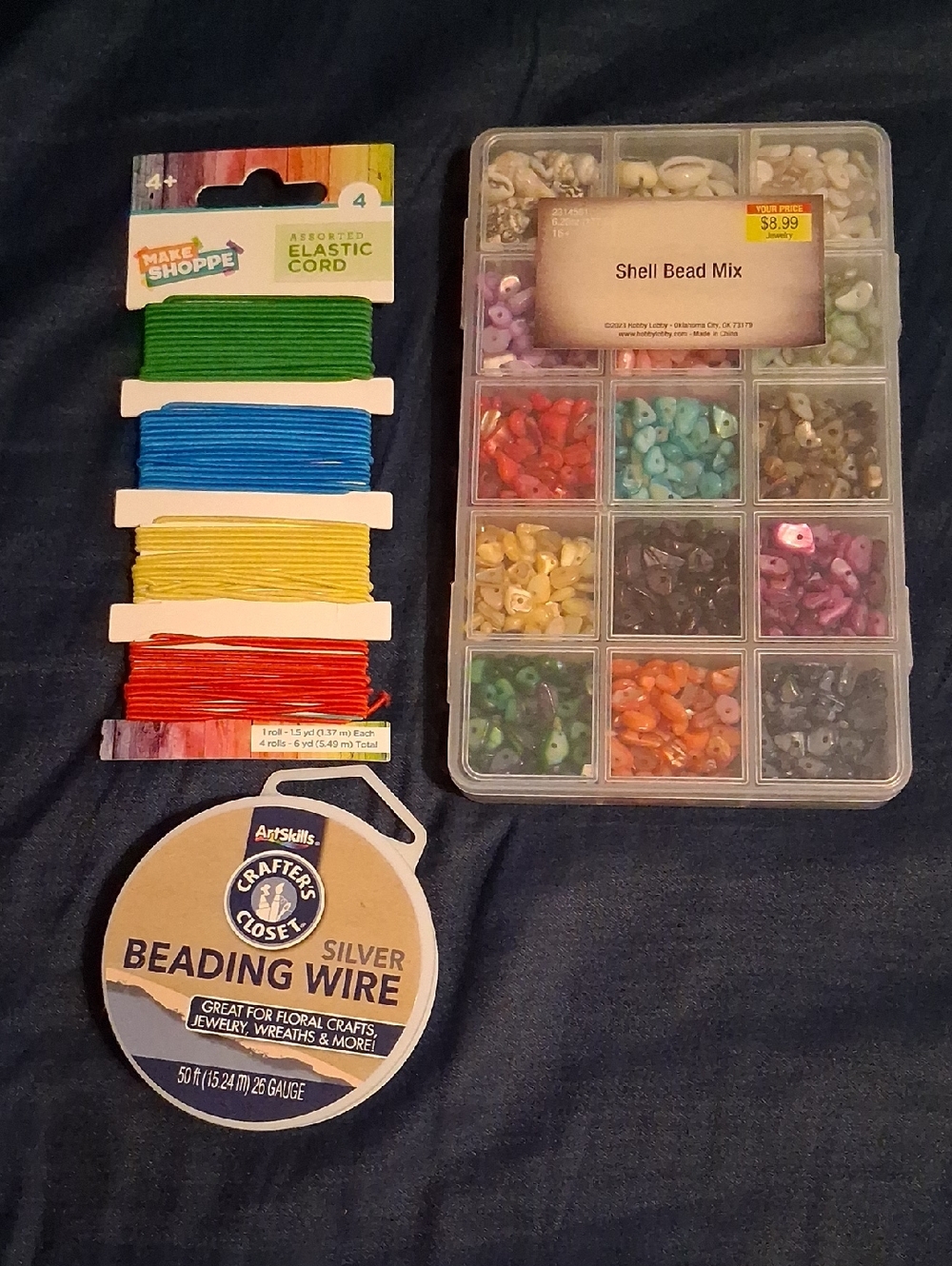 Craft Beading Kit with Shell Beads, Colored Elastic Cord & Silver Beading Wire
